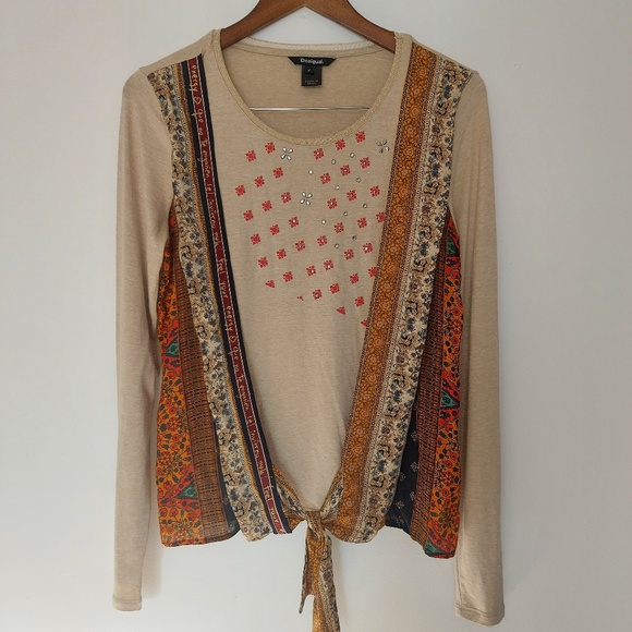 Desigual Tie Front Bejewelled Top Fall Colors! Med - Picture 4 of 6
